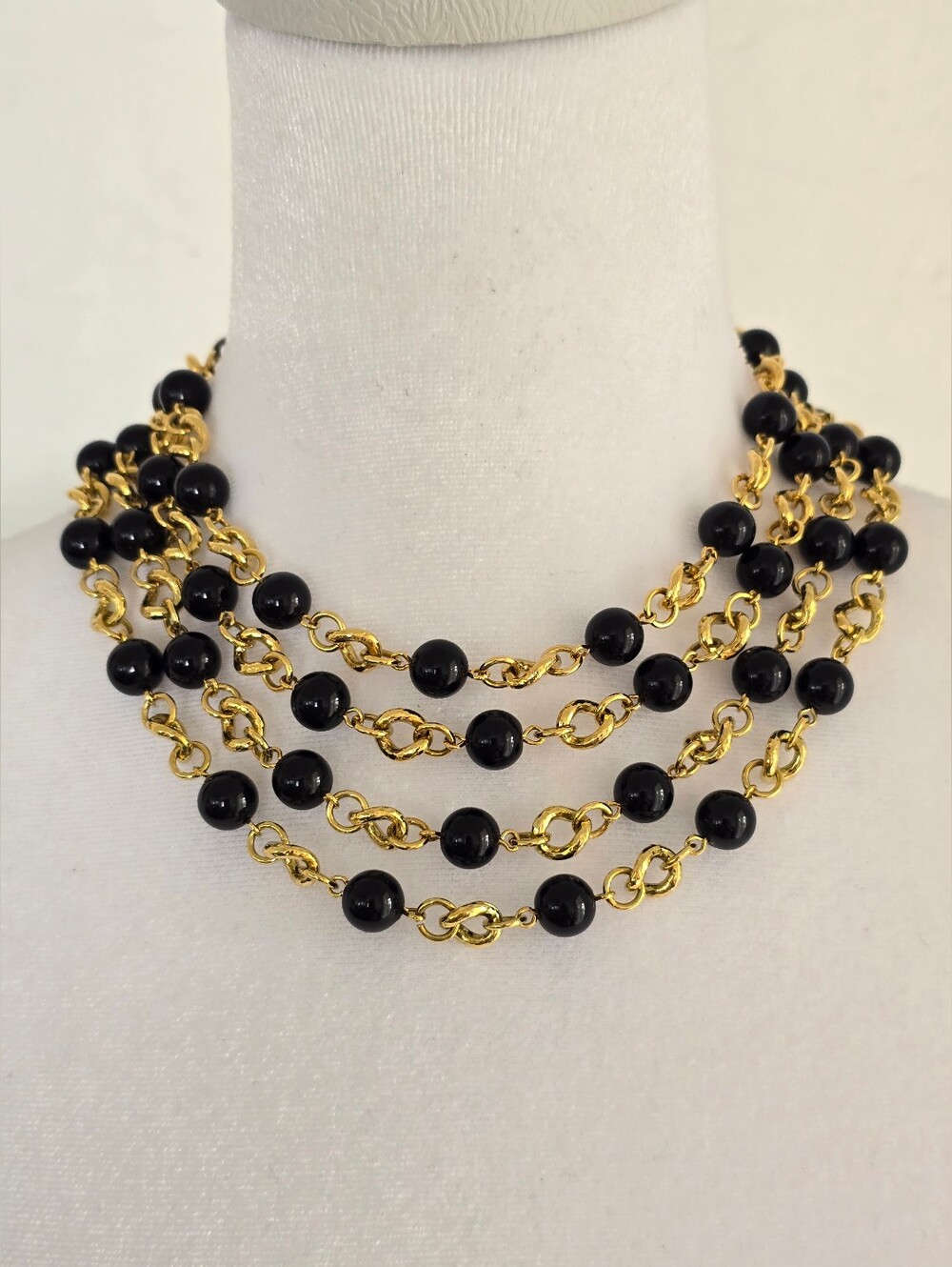Gold Chain and Black Bead Multi-Strand Necklace